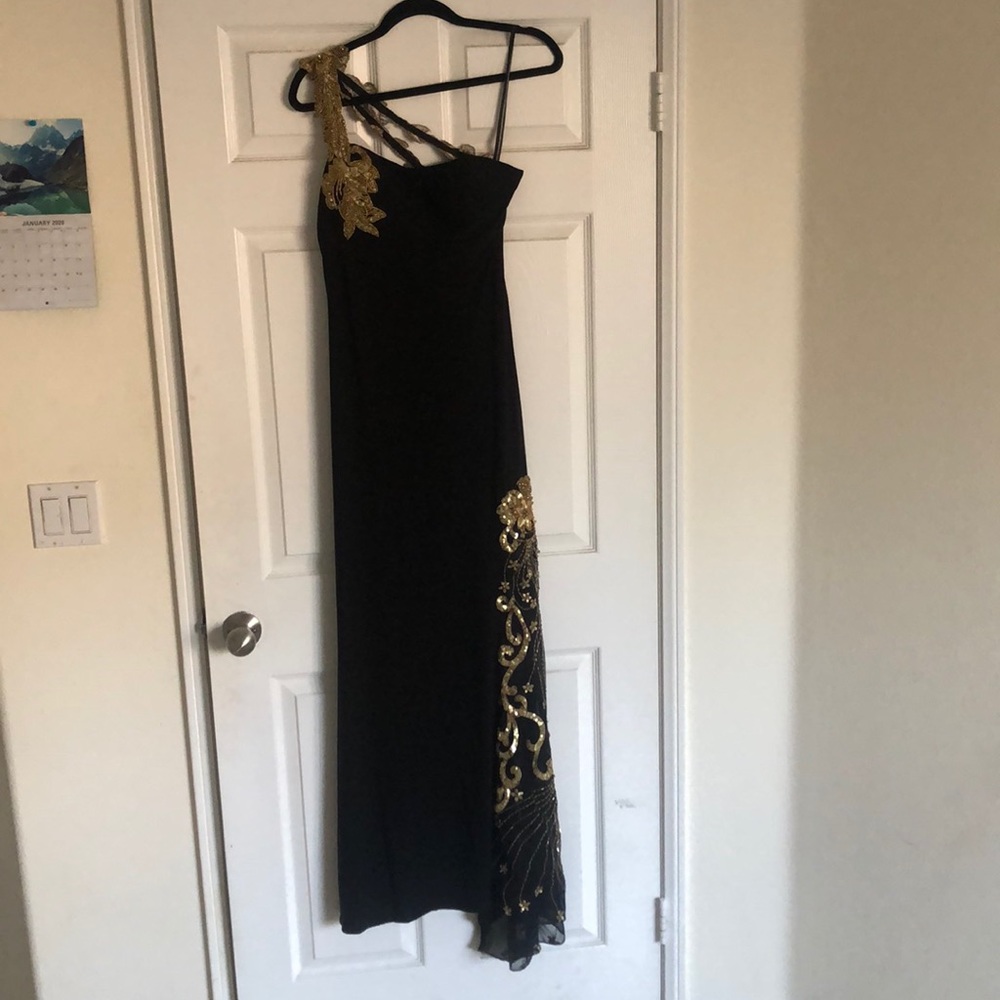 Jovani black and gold off the shoulder prom dress